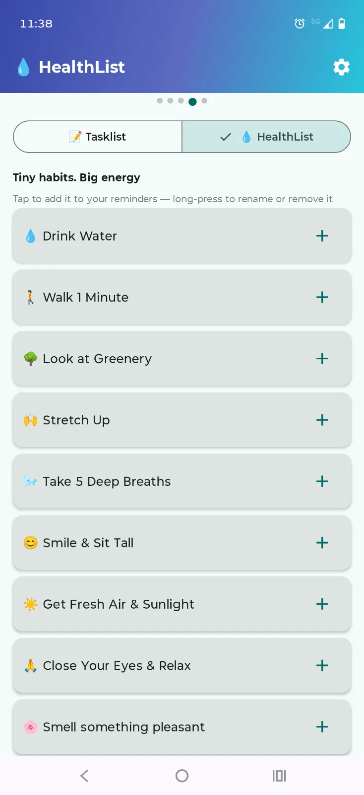 ElephantBell's Health List screen with tap-to-log habits like Drink Water, Stretch Up, and Get Fresh Air & Sunlight